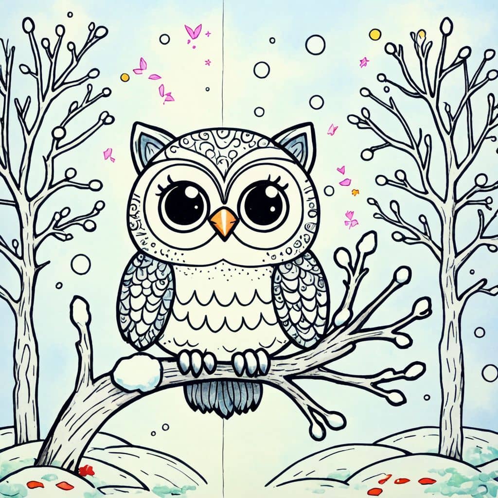 Colored Owl perched on snow-branched tree