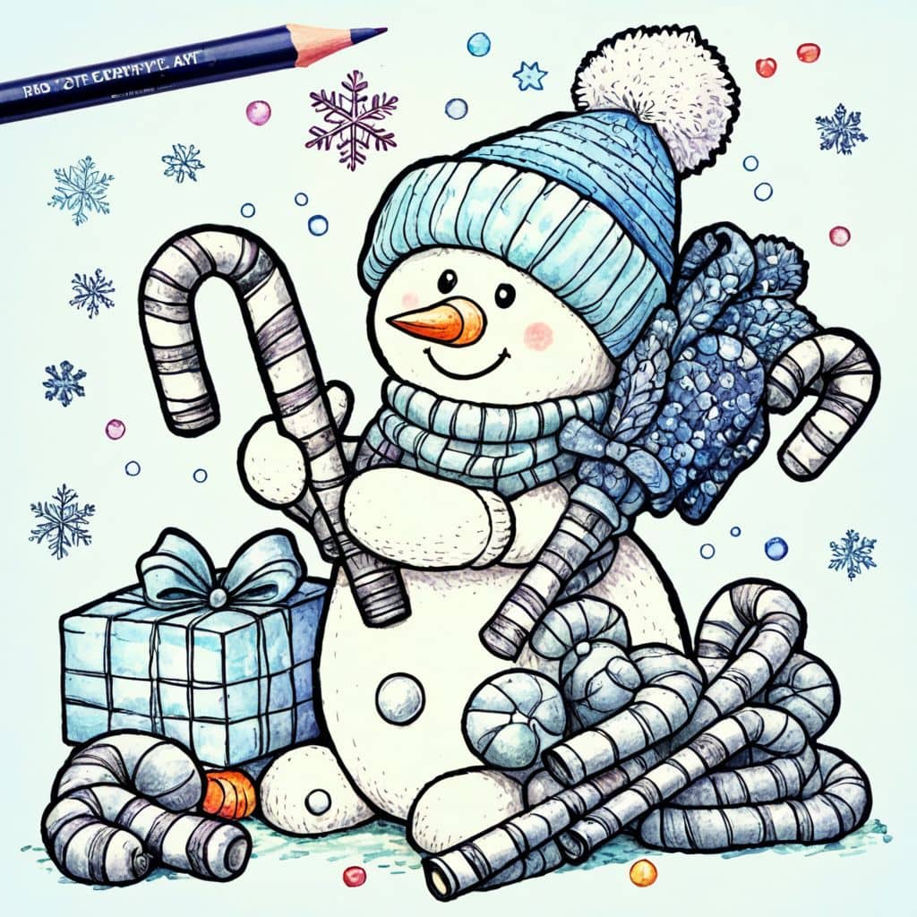 Colored Snowman arranging candy canes.