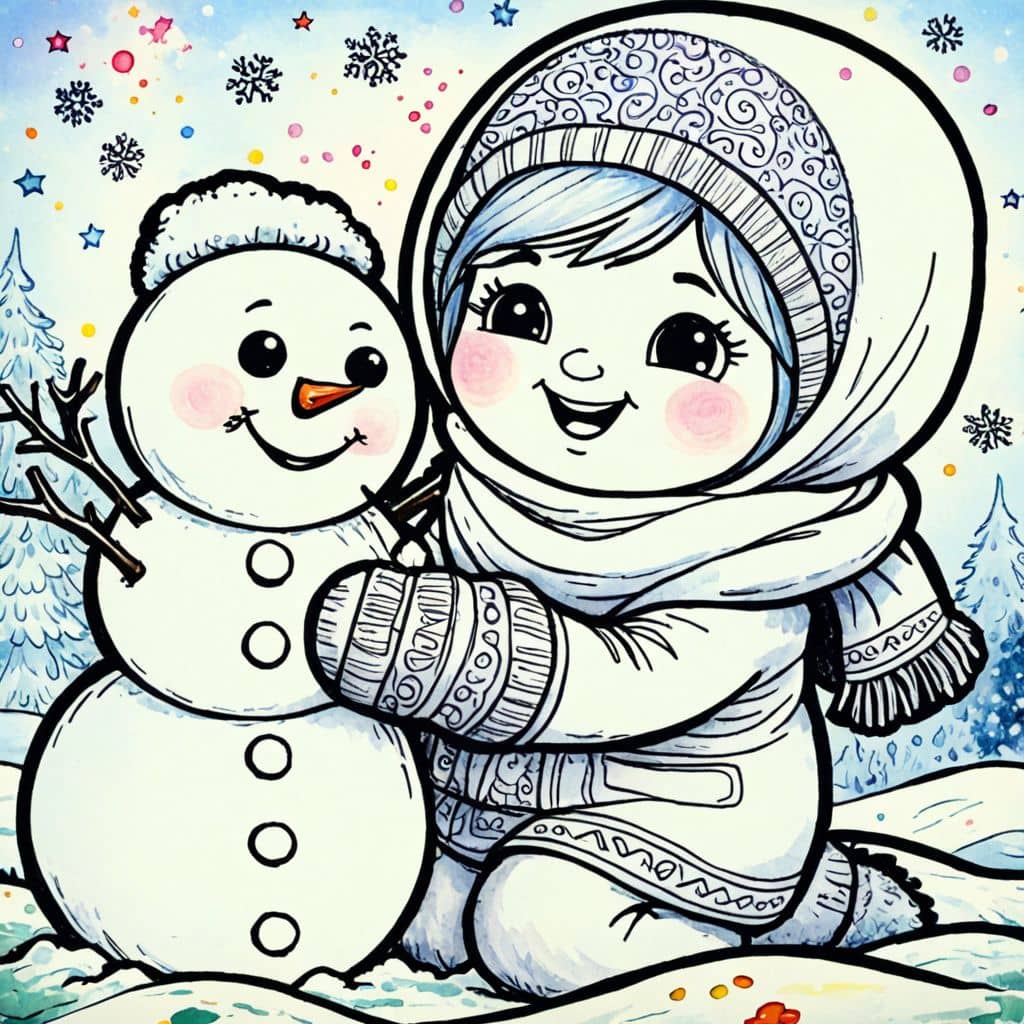 Colored Child building snowman